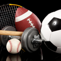 Assorted sports equipment including a basketball, soccer ball, tennis ball, bat, tennis racket,  football, dumbbells and baseball