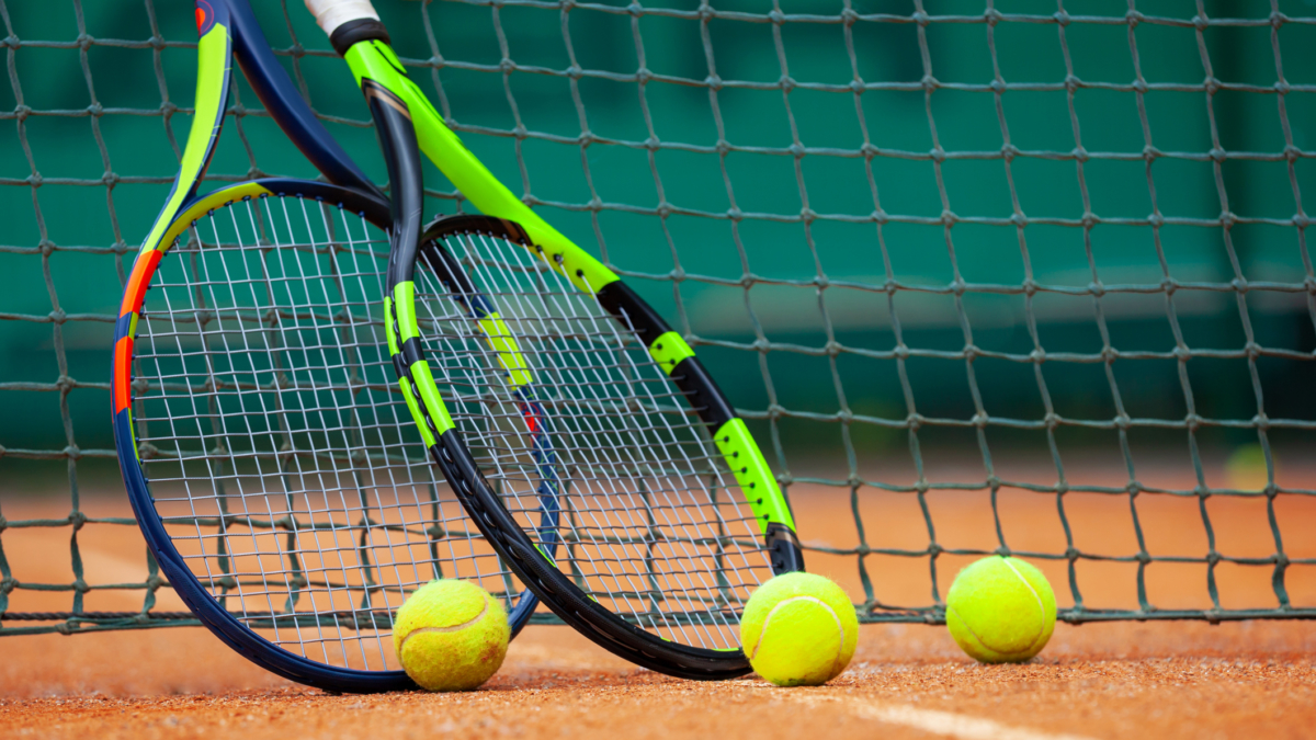 Two tennis rackets and balls leaned against the net.