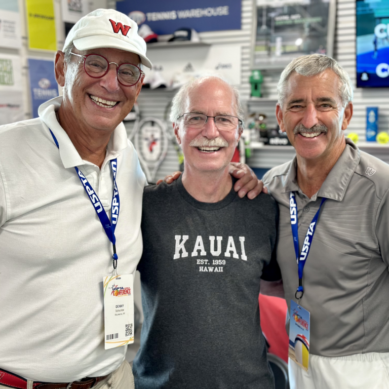 Celebrating 50 years as certified USPTA Tennis teaching professionals are, left to right, Denny Schackter, Kirk Andersen, and Rick Vetter.  In addition, Anderson was inducted into the USPTA Hall of Fame.